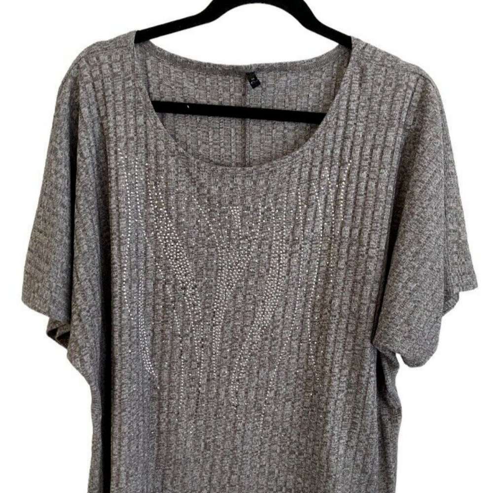 Forever Jade Womens Top Sz 3X Embellished Gray Sh Sleeves Poly Blend
